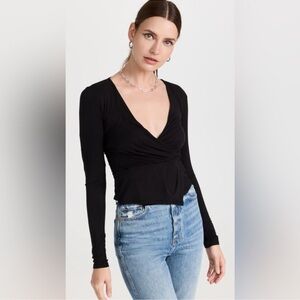 Good American Black Long Sleeve Jersey Knit Wrap Top Sexy Deep V Neck Shirt 2